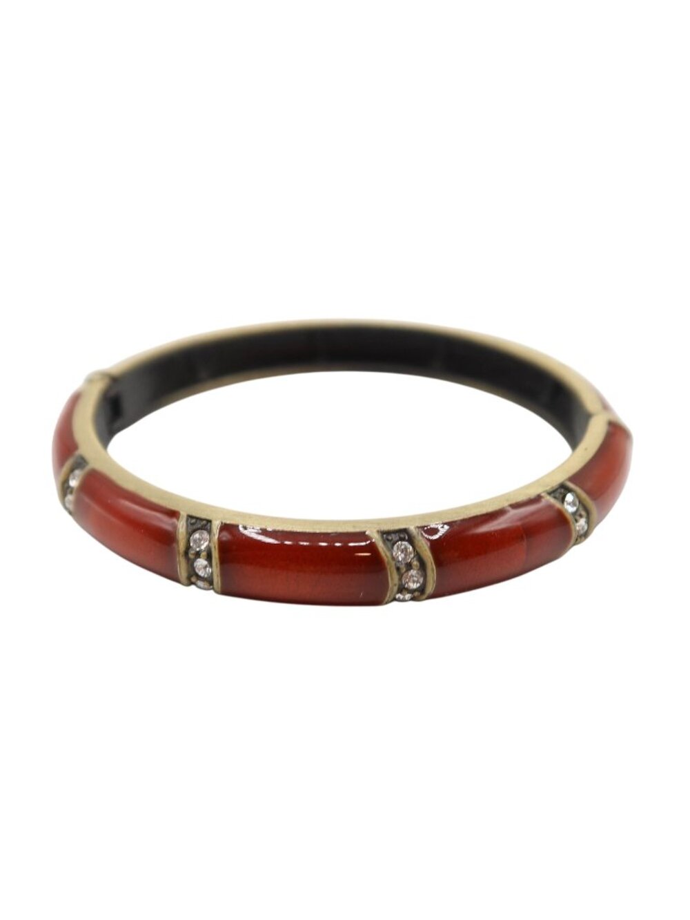 Dark Red Enamel Rhinestone Brass Bangle Clamper Bracelet Unsigned Boho